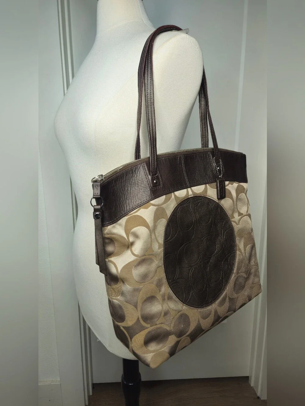 Authentic Coach Signature Jacquard Leather Large Tote Shoulder Bag Brown Tan